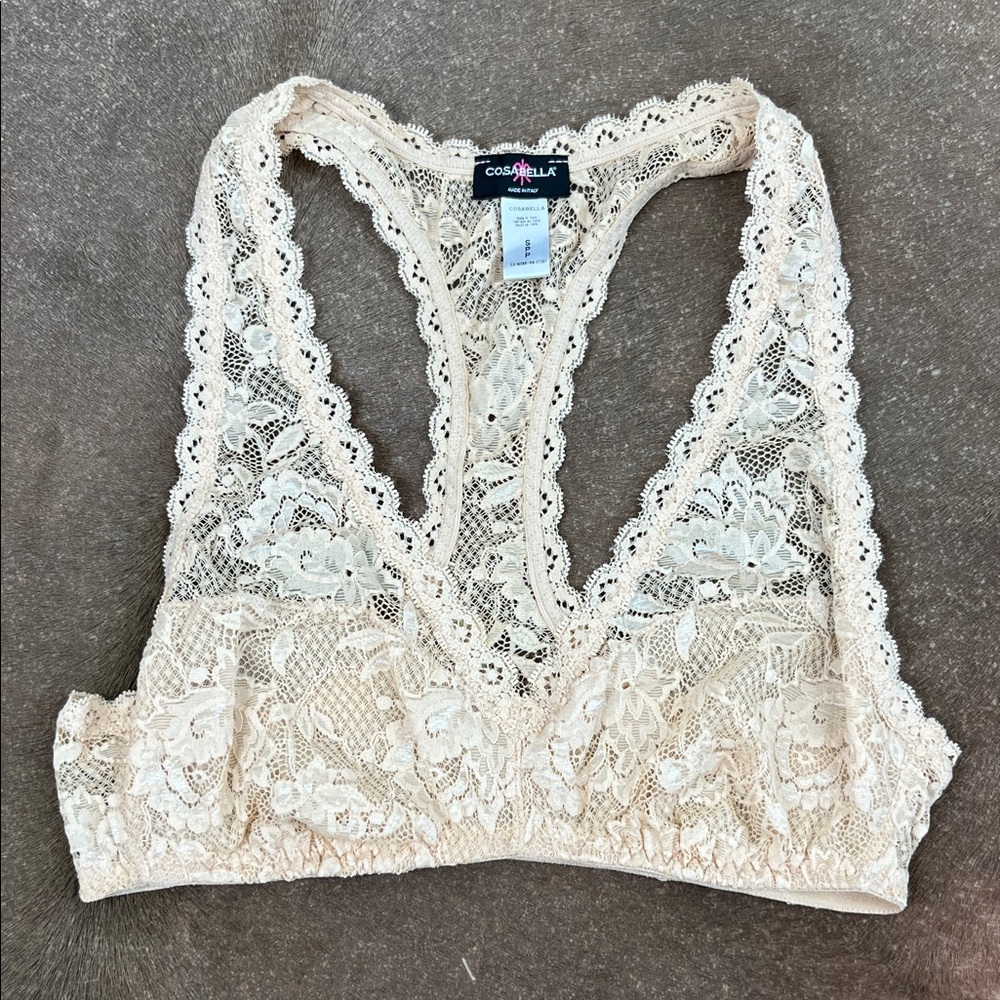 Cosabella Never Say Never Racie Racerback Bra in Nude Lace Plunge V Neck Pull On